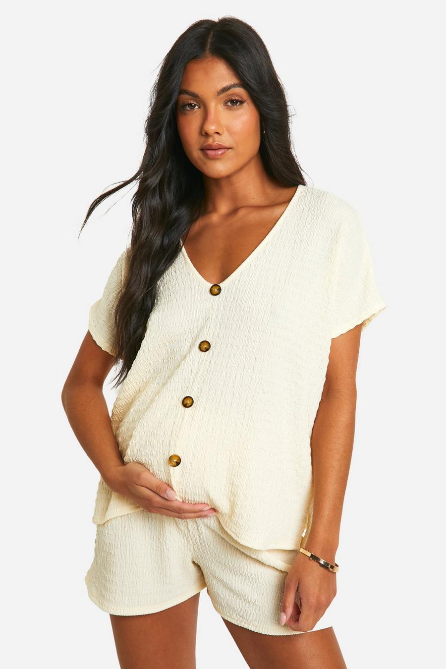 Cream Maternity Crinkle Button Down Short Sleeve Shirt