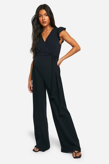 Maternity Crepe Frill Belted Wide Leg Jumpsuit black