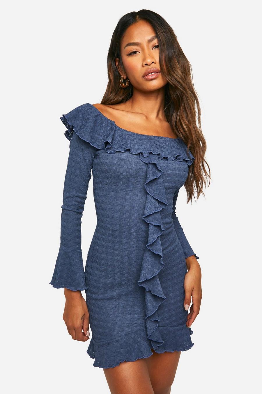 Blue Textured Frill Flare Sleeve Mini Dress