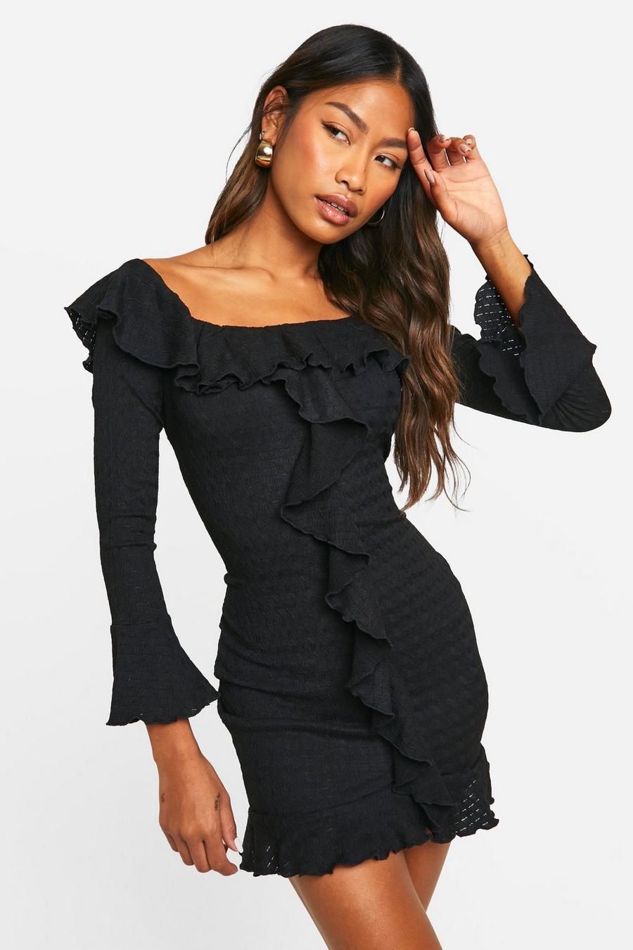 Black Textured Frill Flare Sleeve Mini Dress image number 1