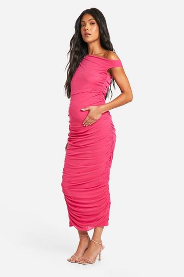 Maternity Mesh Asymmetric Neck Ruched Midaxi Dress hot pink