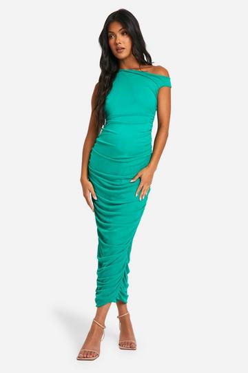 Green Maternity Mesh Asymmetric Neck Ruched Midi Dress