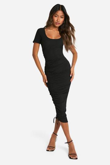 Black Textured Ruched Midi Dress