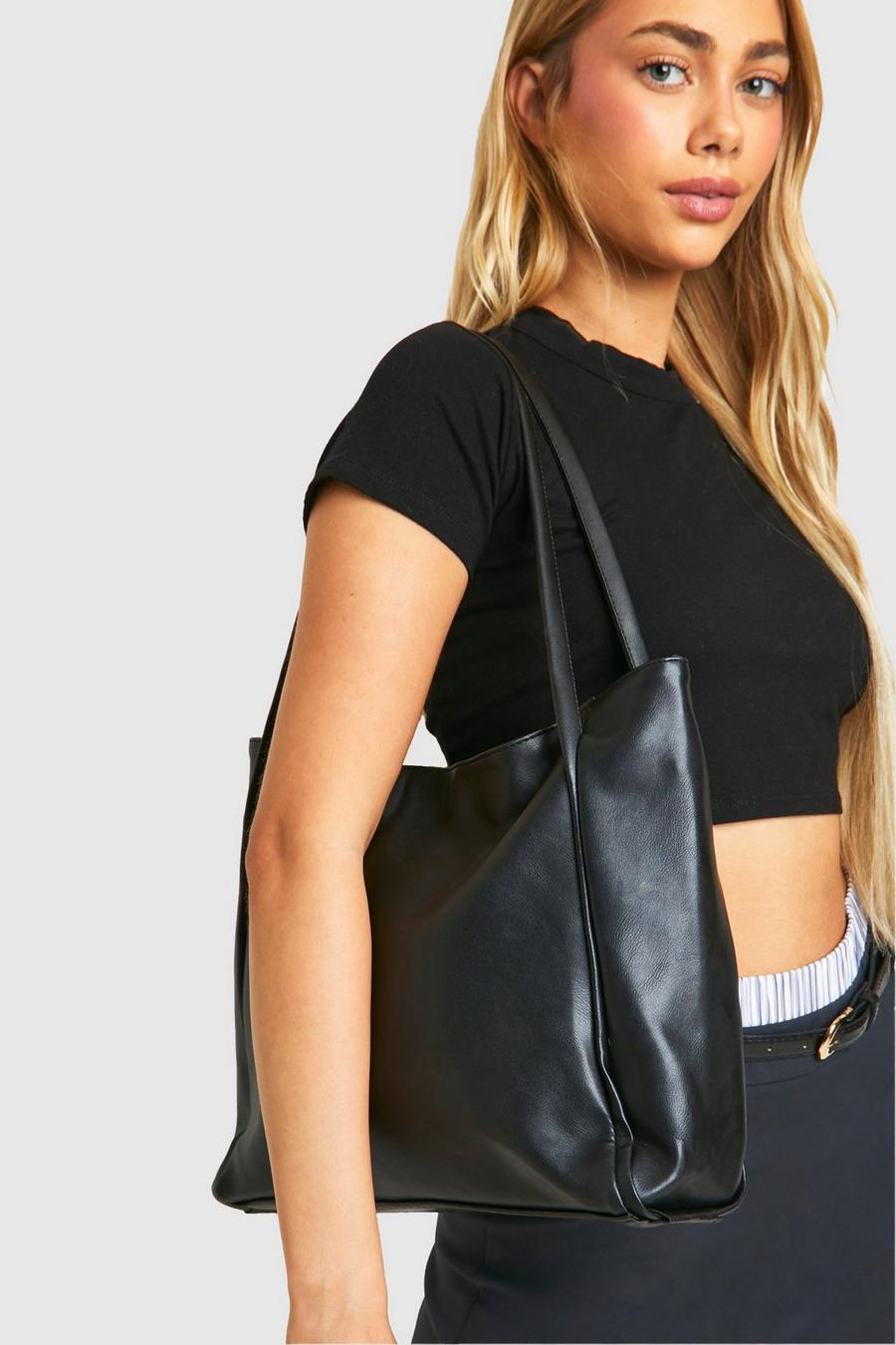 Black Faux Leather Slouchy Tote Bag   image number 1