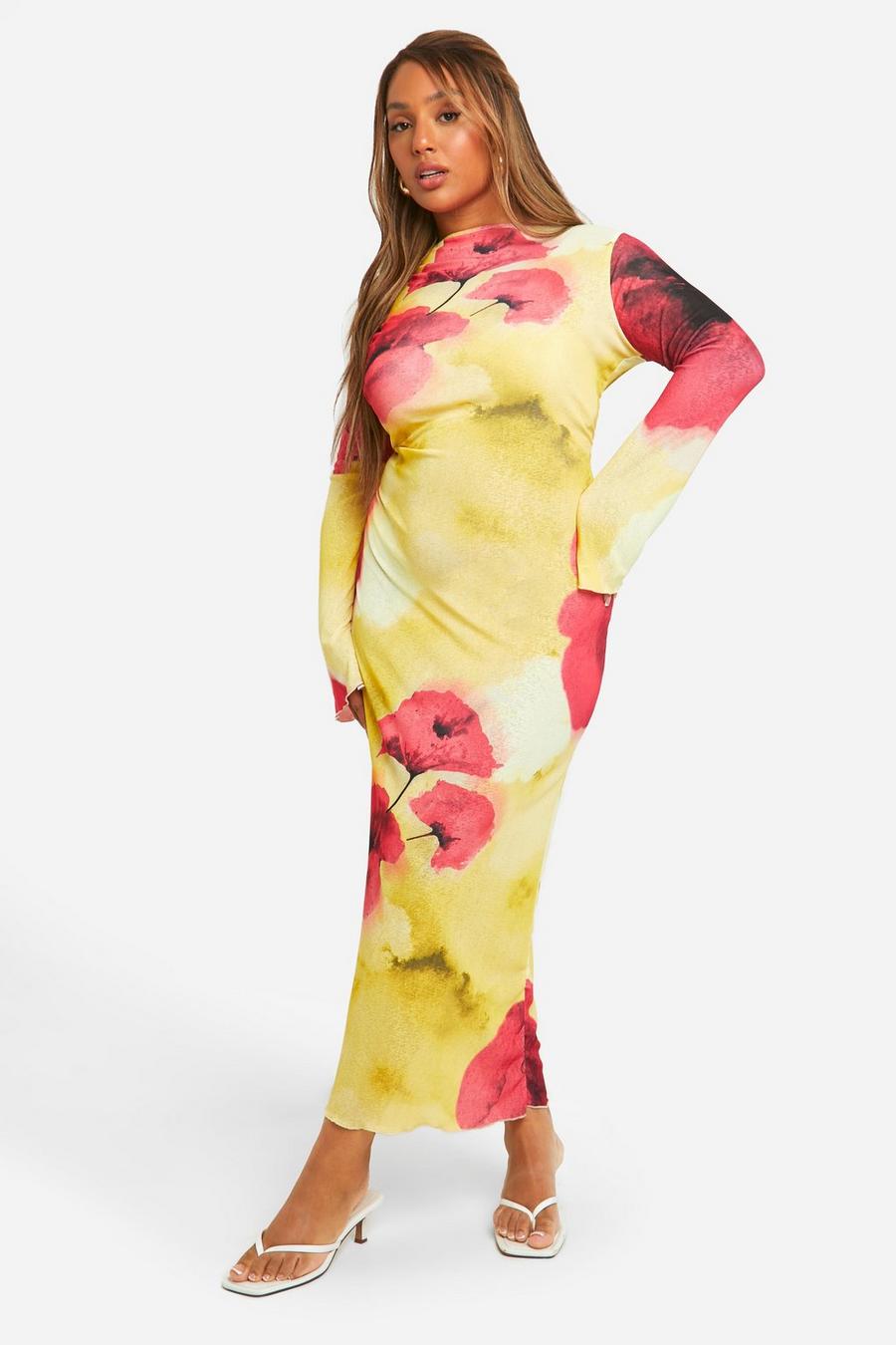 Yellow Plus Sheer Scoop Back Floral Maxi Dress  image number 1