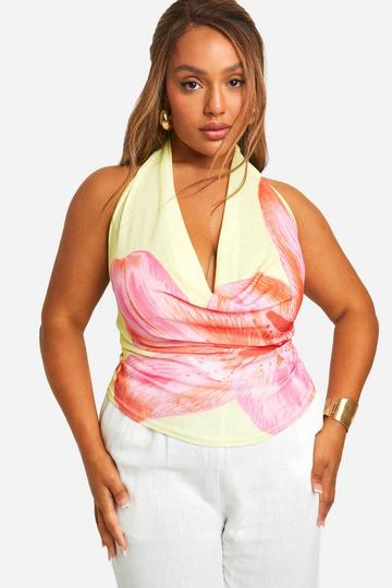 Plus Sheer Cowl Neck Floral Top lemon