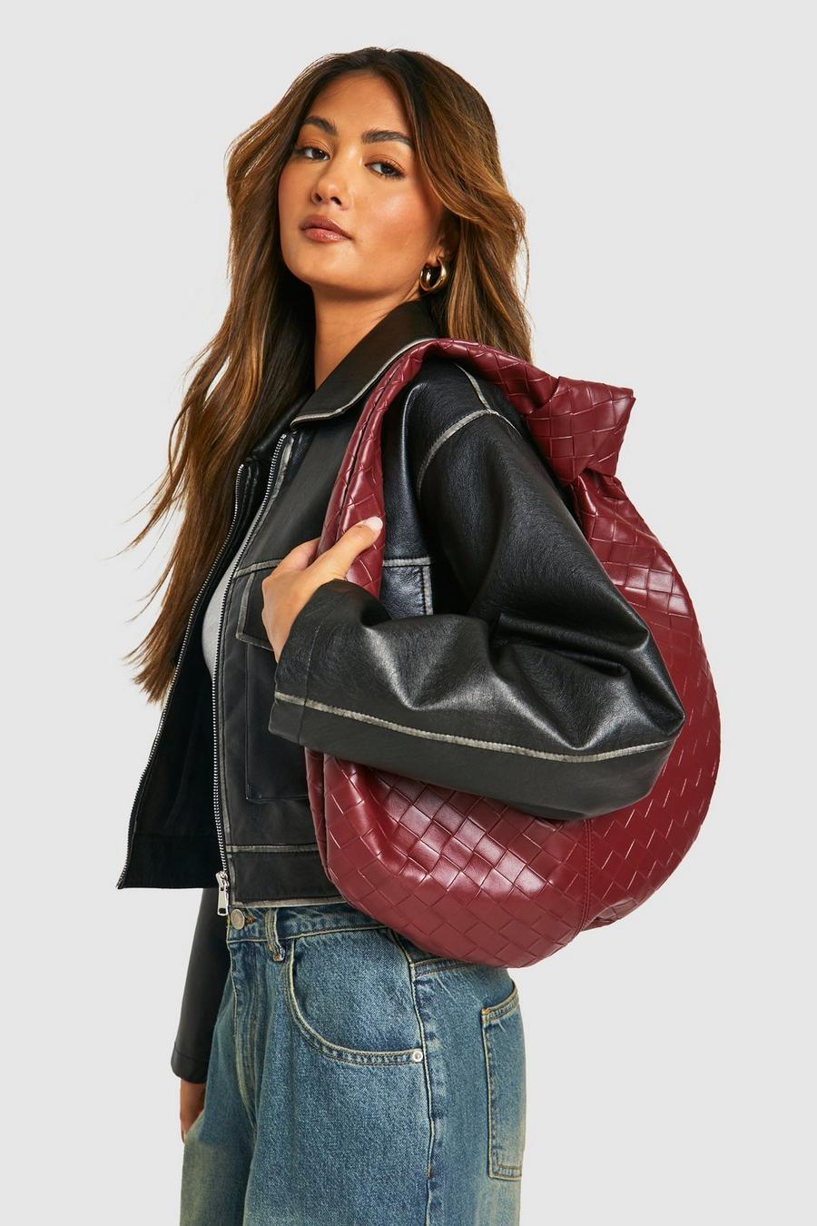 Dark red Woven Knot Handle Shoulder Bag  