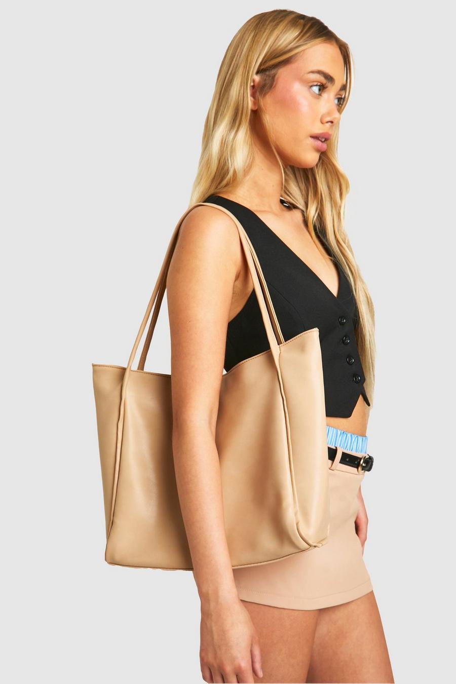 Beige Faux Leather Slouchy Tote Bag  image number 1