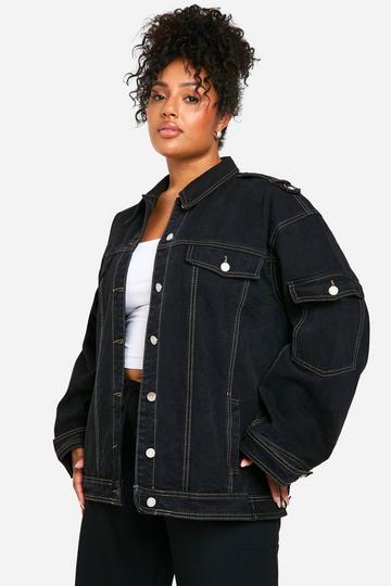 Plus Contrast Stitch Denim Jacket black