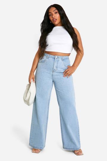 Plus Wide Leg Jeans Met Steentjes light blue