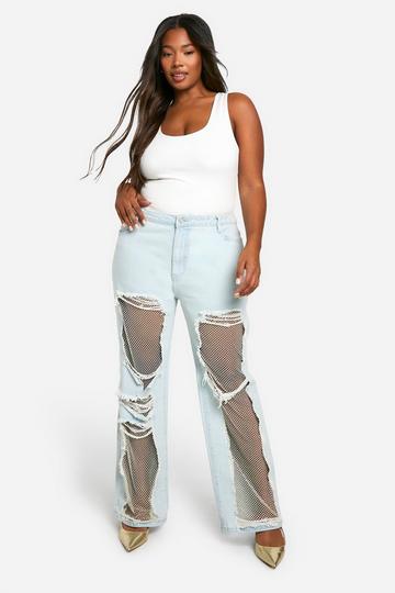 Plus Mesh Jeans Met Steentjes En Rechte Pijpen light blue