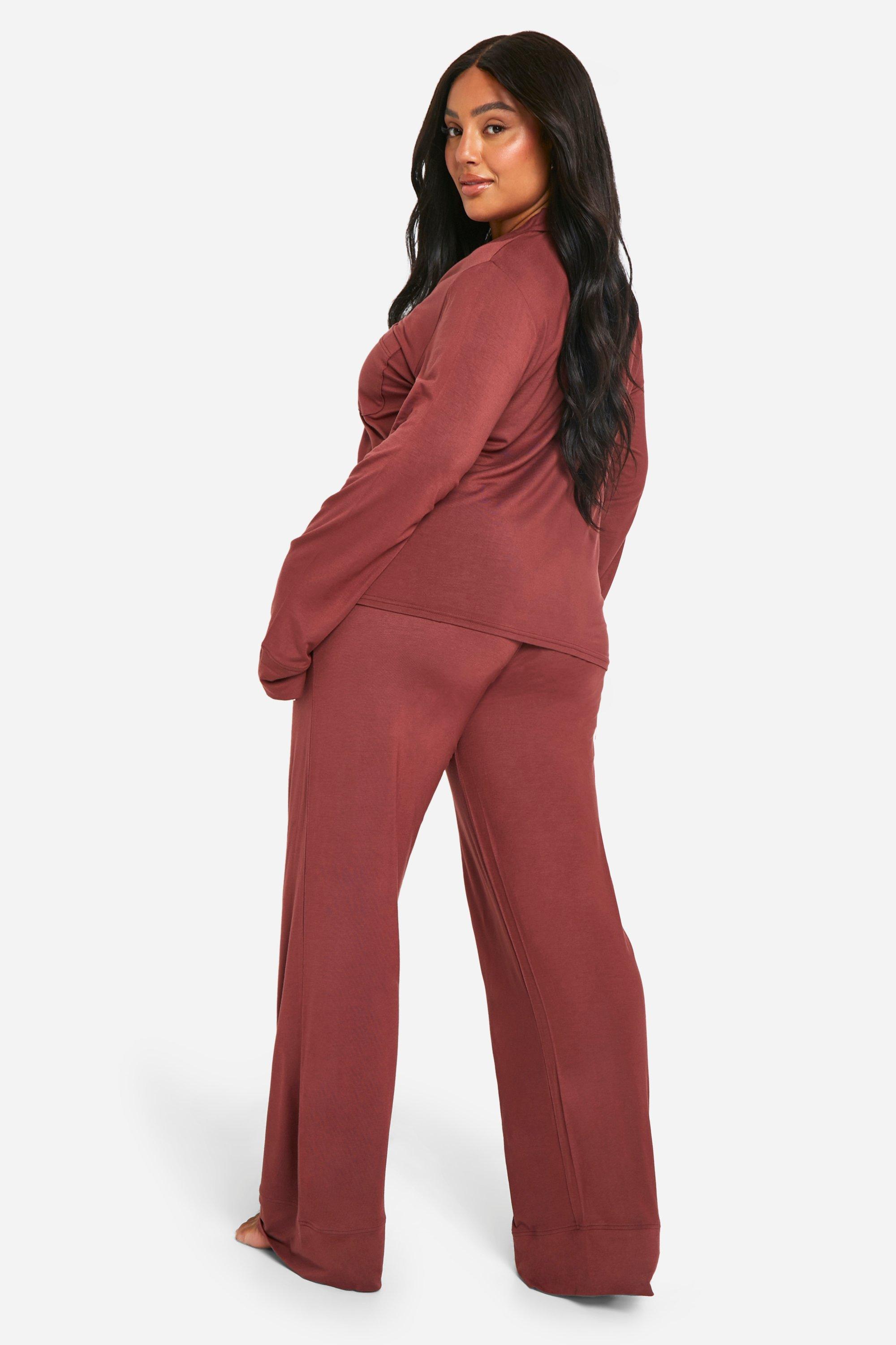 Boohoo Women s Plus Essentials Button Front Pyjama Set Brown