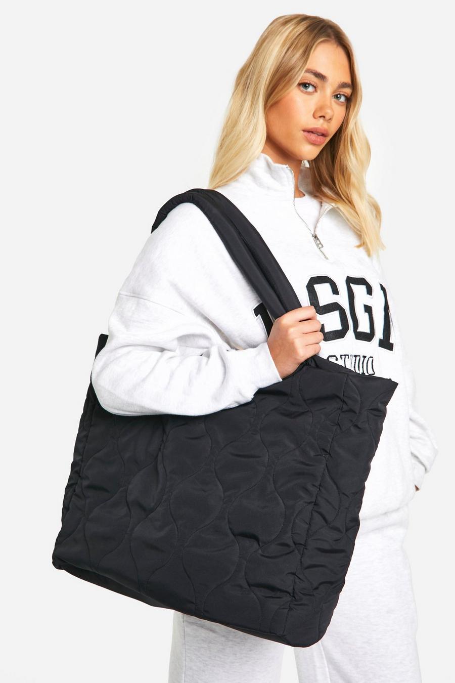 Black Oversized Quilted Nylon Tote Bag 