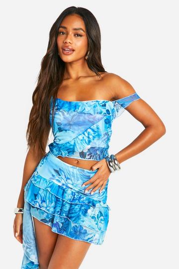 Mesh Printed Frill Hem Mini Skirt blue