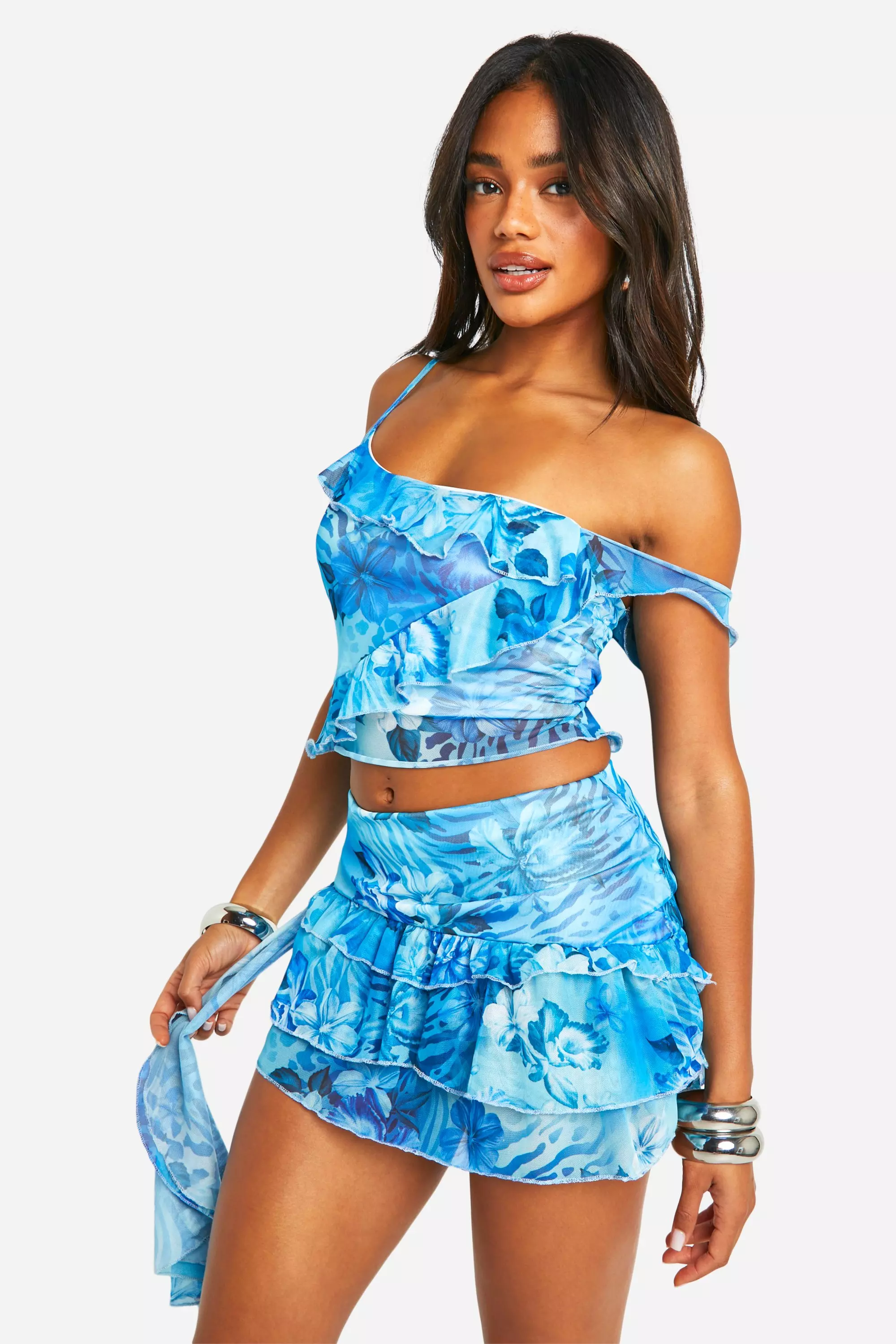 Blue Mesh Printed Frill Strap Top alternative image