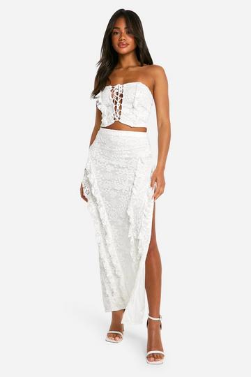 White Lace Ruffle Front Maxi Skirt