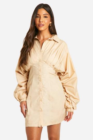 Ruched Wide Sleeve Shirt Dress stone