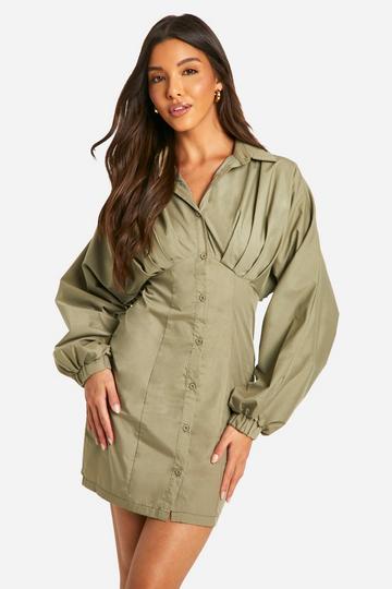 Ruched Wide Sleeve Shirt Dress khaki