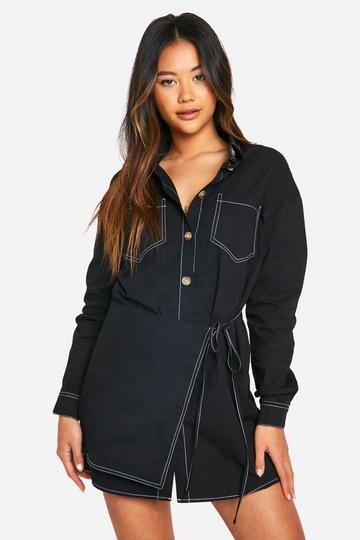 Contrast Seam Wrap Shirt Dress black