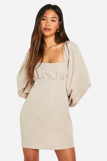 Stone Beige Long Puff Sleeve Mini Dress