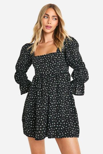 Gathered Puff Sleeve Smock Dress black