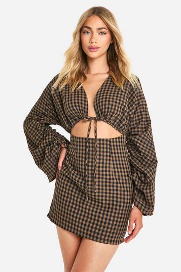 Gingham Volume Sleeve Mini Dress brown