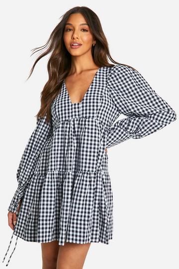 Gingham Puff Sleeve Tiered Smock Dress black