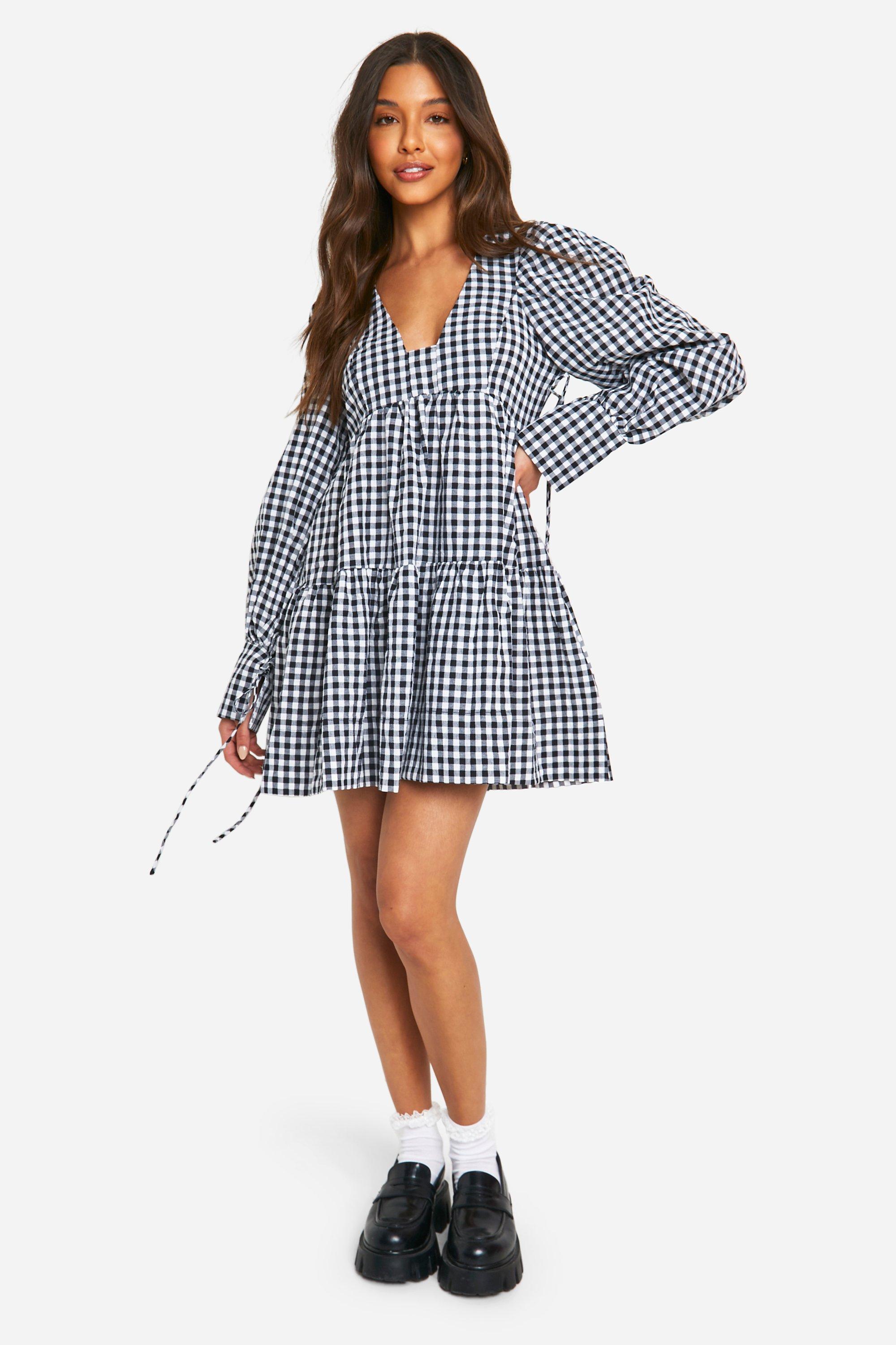 Boohoo Women s Gingham Puff Sleeve Tiered Smock Dress Black