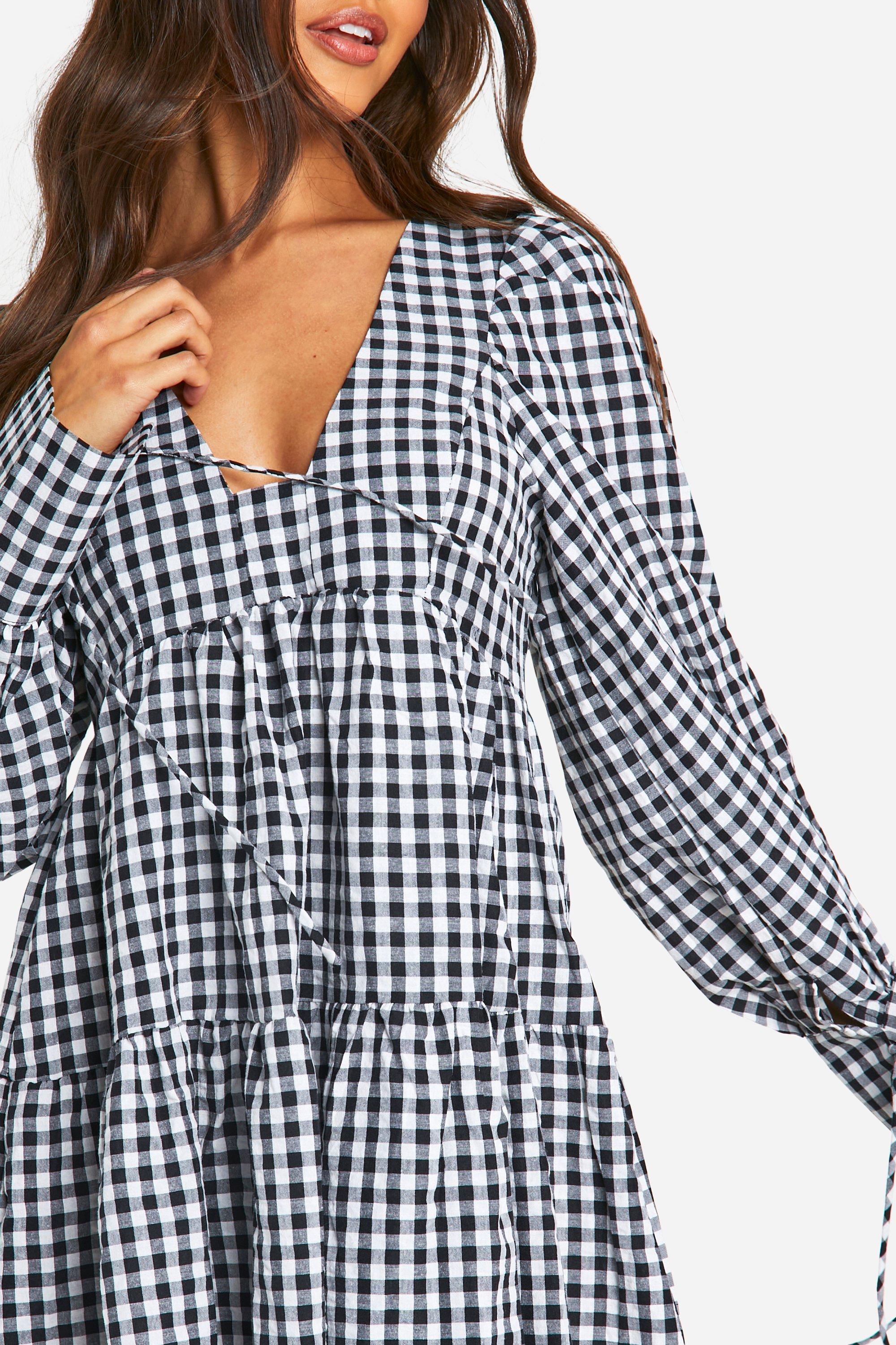 Gingham Puff Sleeve Tiered Smock Dress boohoo DK