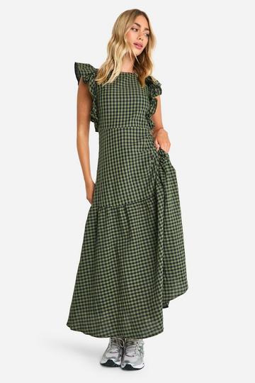 Gesmokte Gingham Midaxi Jurk Met Geplooide Mouwen khaki