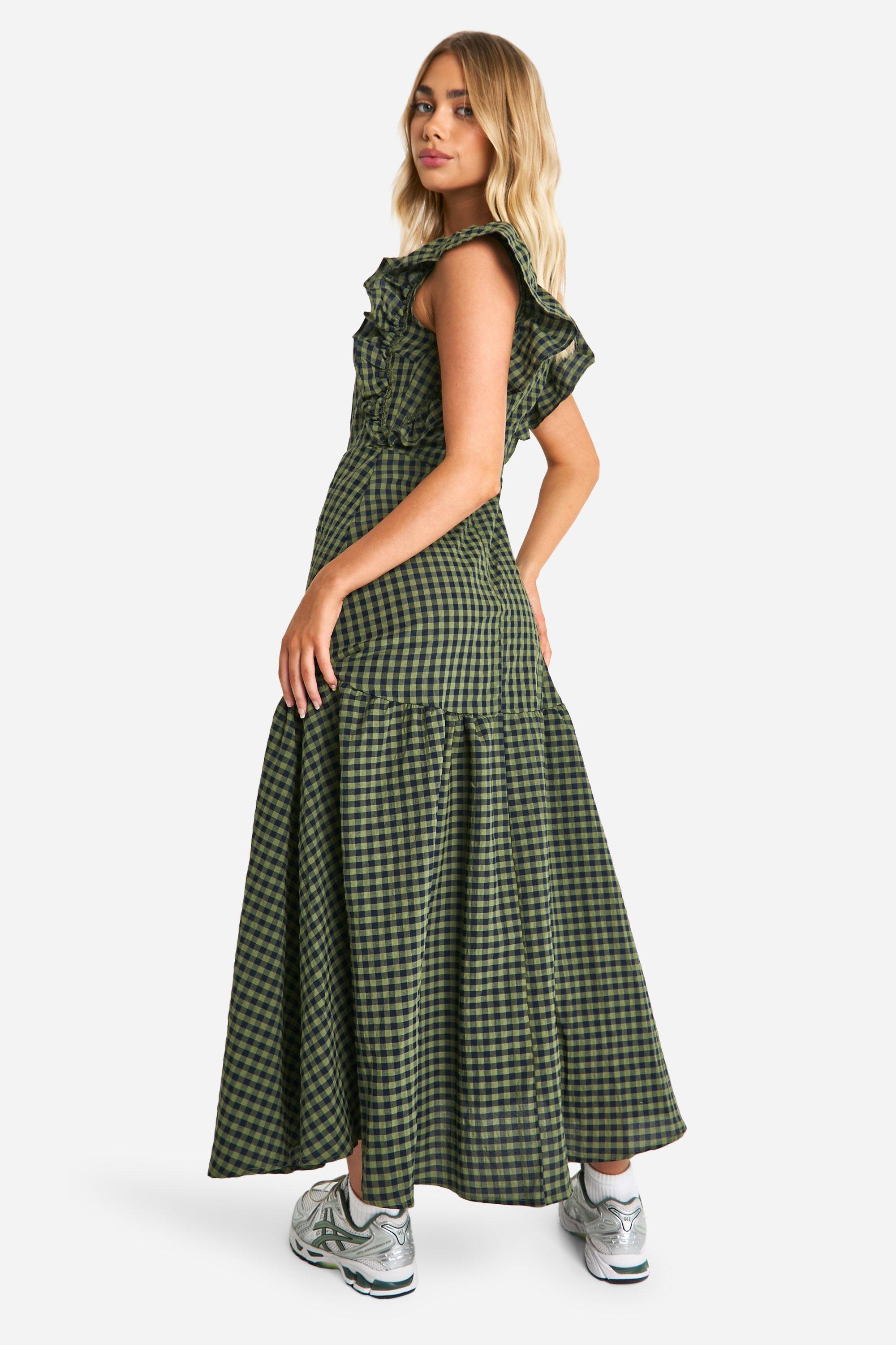 美品◾️PAMEO POSE MANDARIN DRESS グリーンチェック柄 Gingham Frill Sleeve Smock Midaxi Dress | boohoo