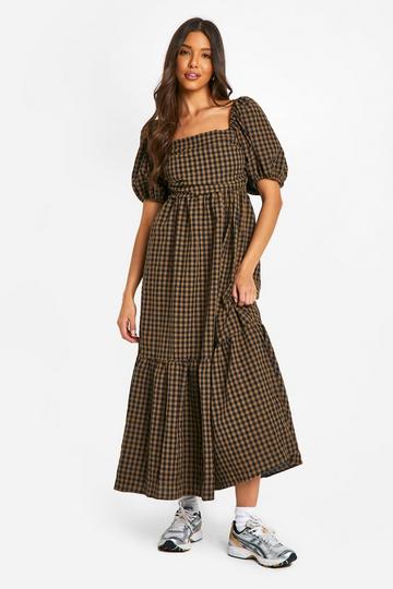 Gingham Volume Puff Sleeve Midi Dress brown