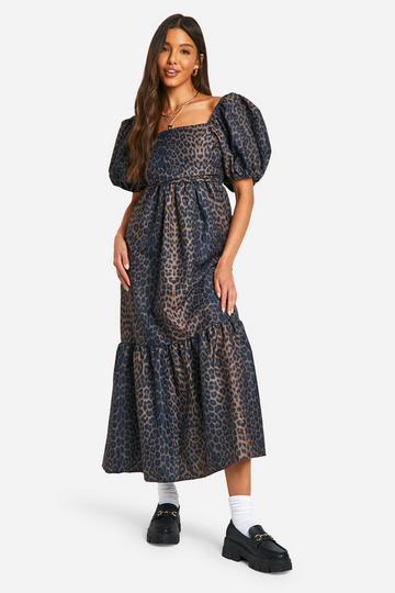 Leopard Volume Puff Sleeve Midaxi Dress brown