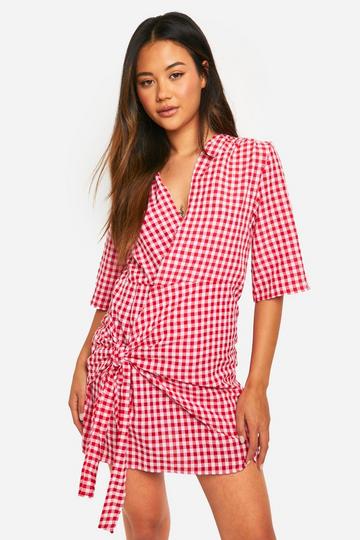 Textured Gingham Wrap Dress red