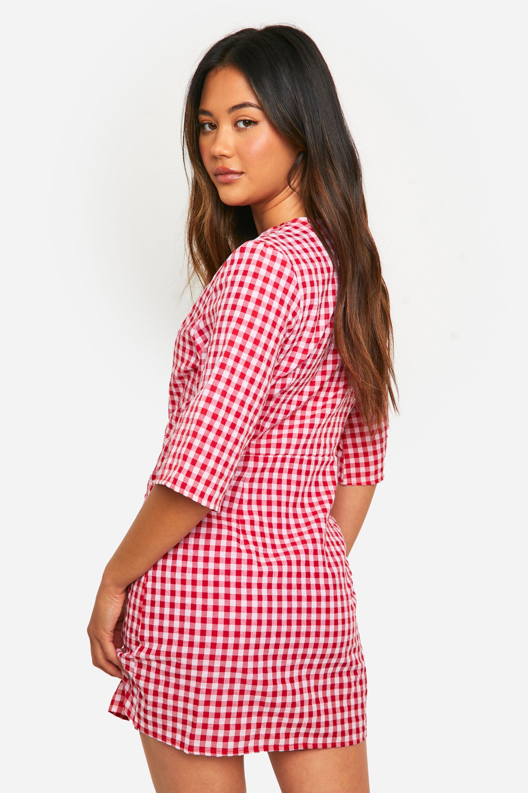 Textured Gingham Wrap Dress boohoo