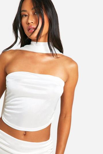 Longline Stretch Satin Bandeau Top With Scarf white