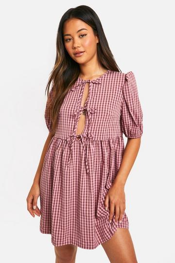 Gingham Tie Front Mini Dress brown