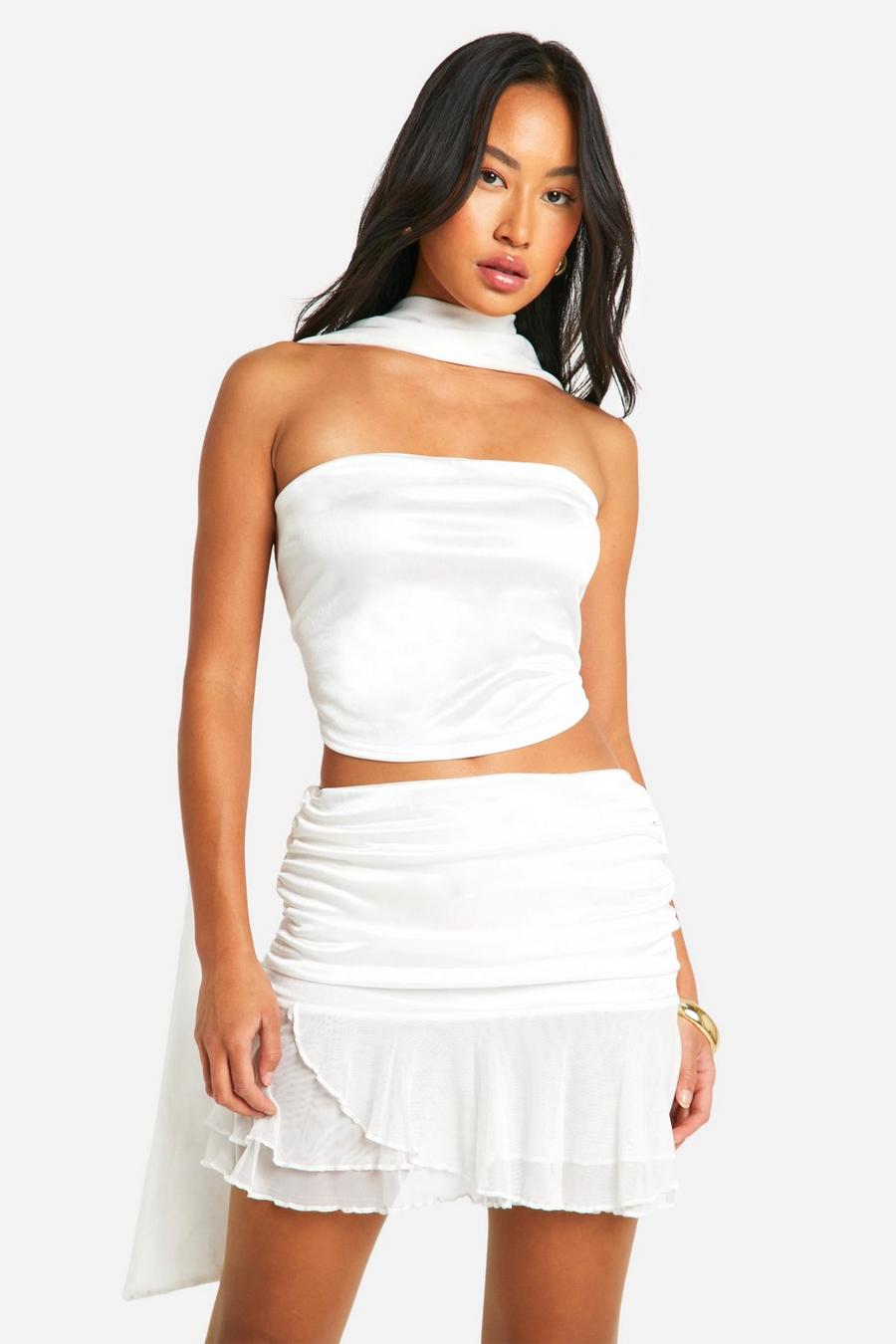 White Ruched Stretch Satin Ruffle Mini Skirt image number 1