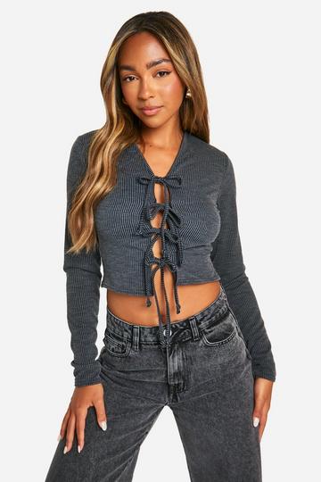 Tie Front Contrast Rib Top charcoal