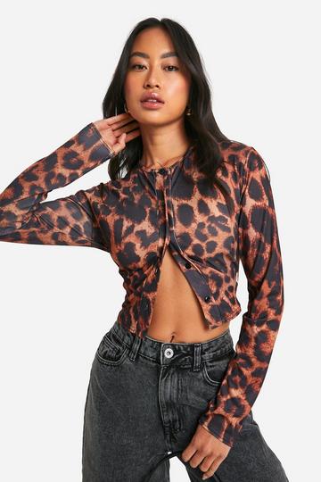 Multi Leopard Print Ribbed Button Through Top