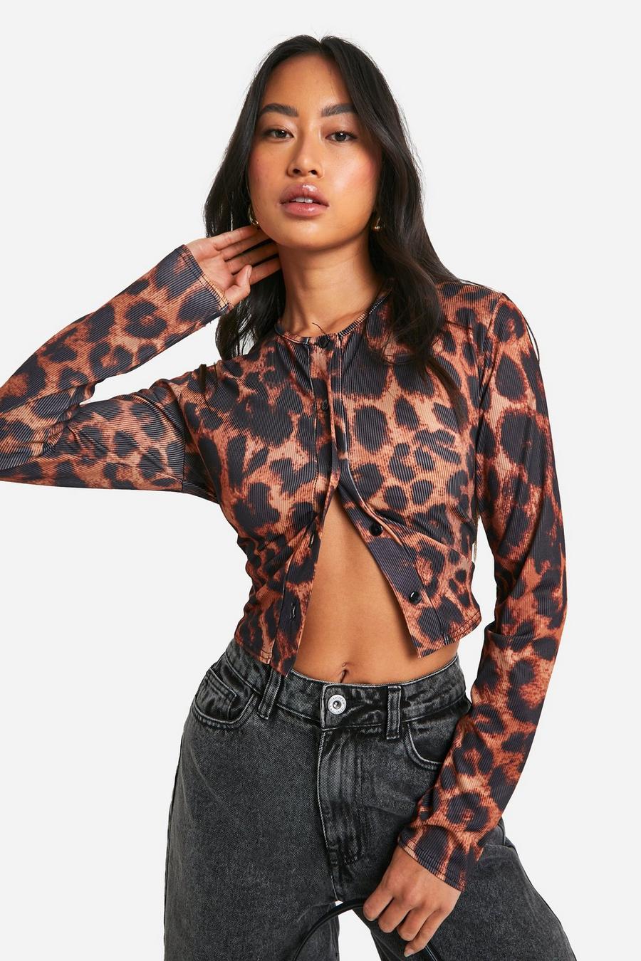 Leopard Print Ribbed Button Through Top image number 1