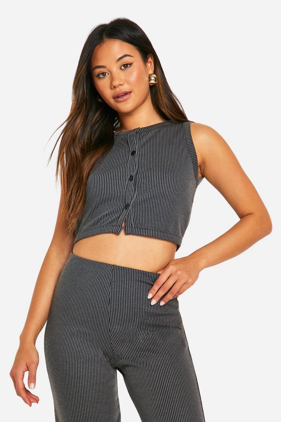Grey Button Through Contrast Ribbed Vest Top