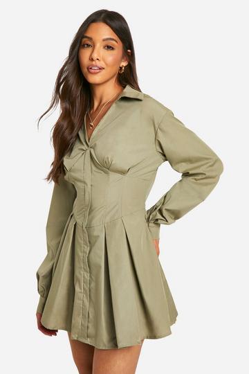 Khaki Corset Detail Shirt Dress