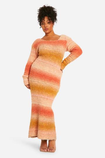 Peach Orange Plus Ombre Fluffy Knit Midaxi Dress