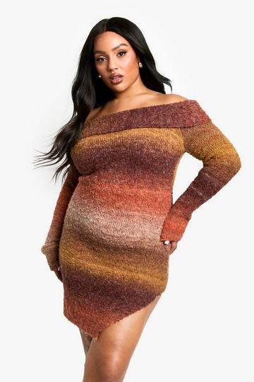 Plus Ombre Fluffy Knit Off The Shoulder Mini Dress rust