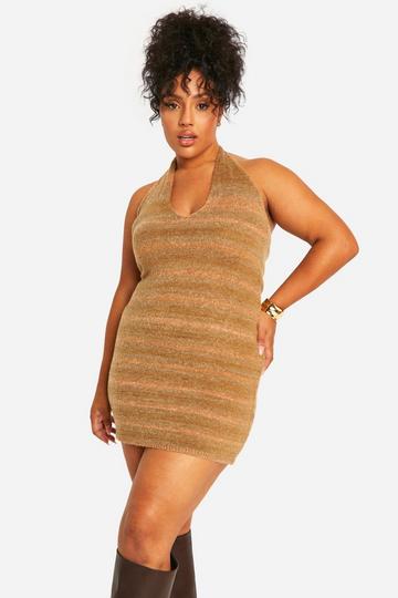 Stone Beige Plus Cowl Knitted Buckle Dress