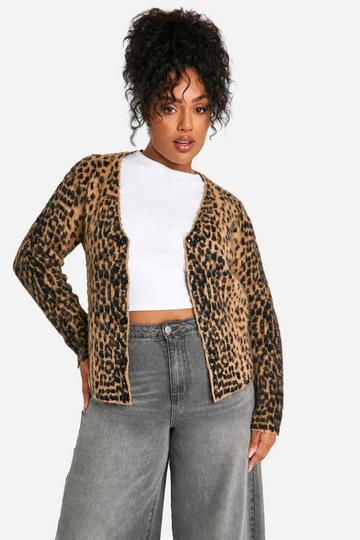 Plus Leopard Brushed Cardigan brown