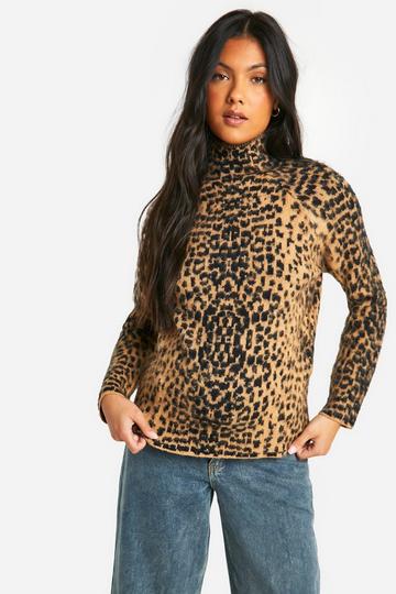 Maternity Brushed Leopard Knitted Turtleneck Jumper brown