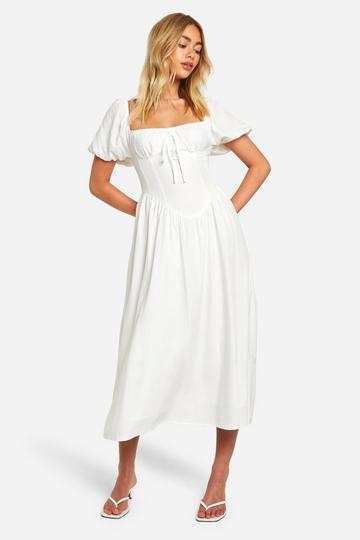 Milkmaid Puff Sleeve Midaxi Smock Dress white