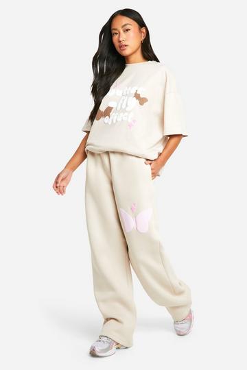 Stone Beige Butterfly Puff Print Straight Leg Jogger